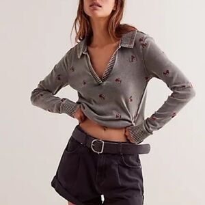 Free People Alana Henley Gray Floral Embroidery Ribbed Collar Cuff-Medium